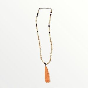 Mala-Style Beaded Necklace w/ Coral Tassel Boho Layer